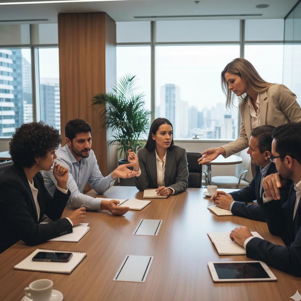 Equipe corporativa analisando riscos psicossociais no trabalho para diagnóstico NR-01